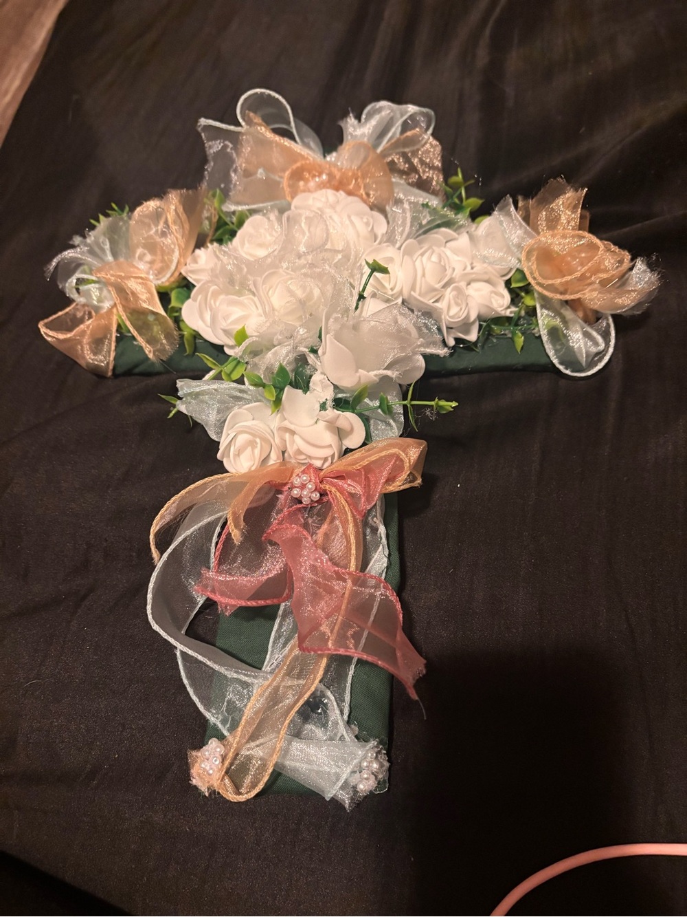 Hand Crafted White Rose Cross with Gold and Pink Bows